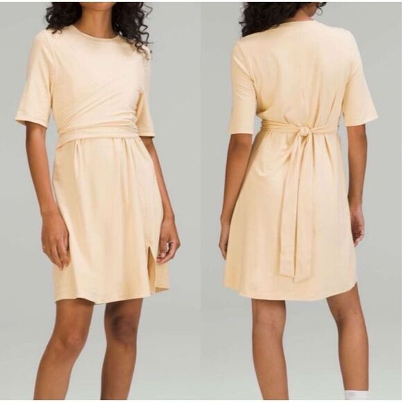Lululemon Pima Cotton Wrap-Front T-shirt Mini Dress Prosecco Tan Sz 6 Athleisure - Picture 1 of 11